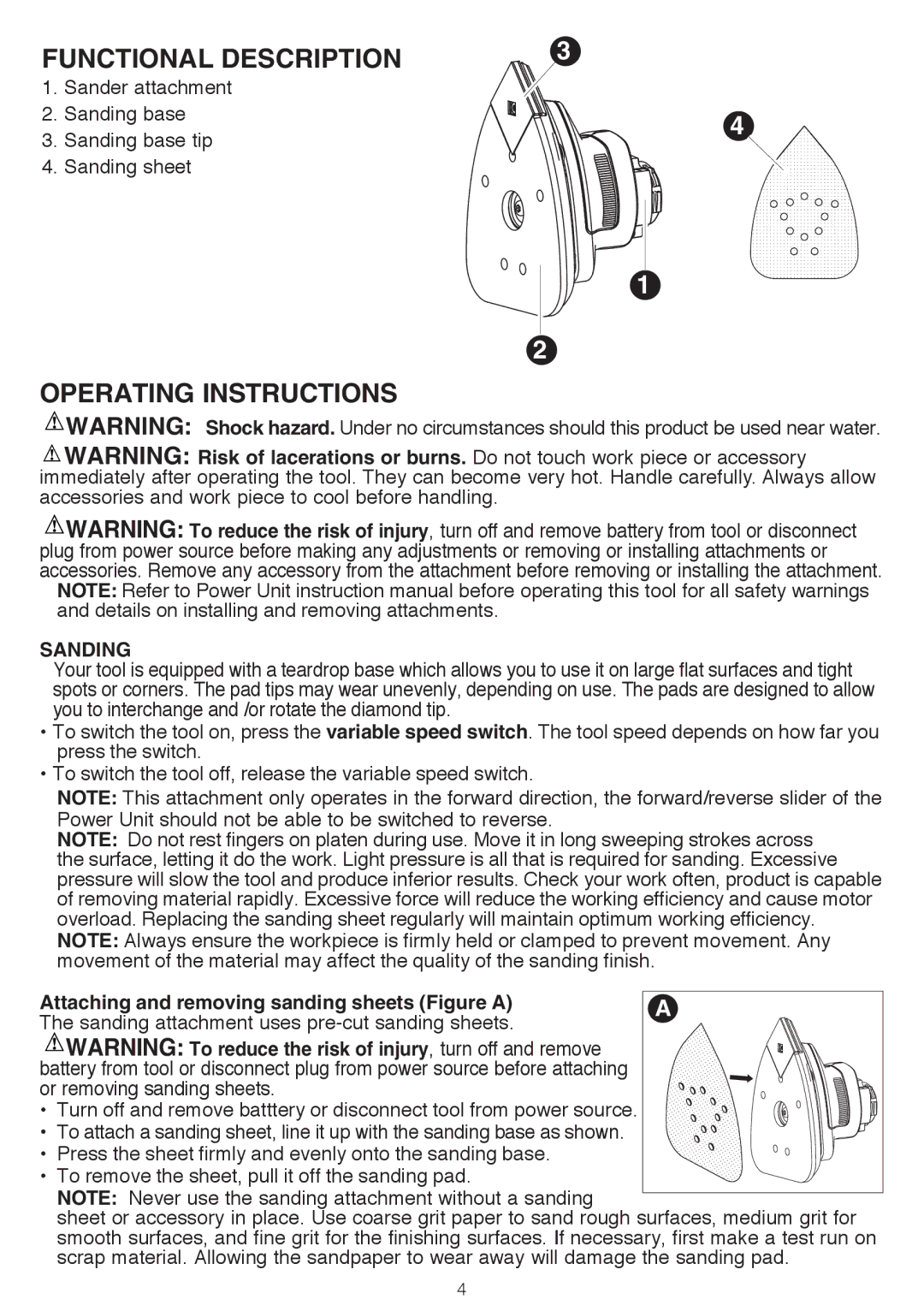 Black & Decker BDCMTS instruction manual FUNCTIONAL DESCRIPTION3, Operating Instructions, Sanding 